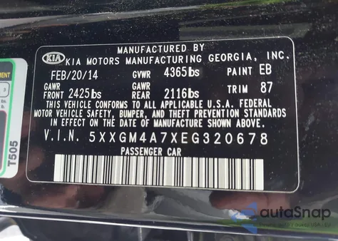 2014 Kia Optima Lx из США, поврежденный, VIN 5XXGM4A7XEG320678